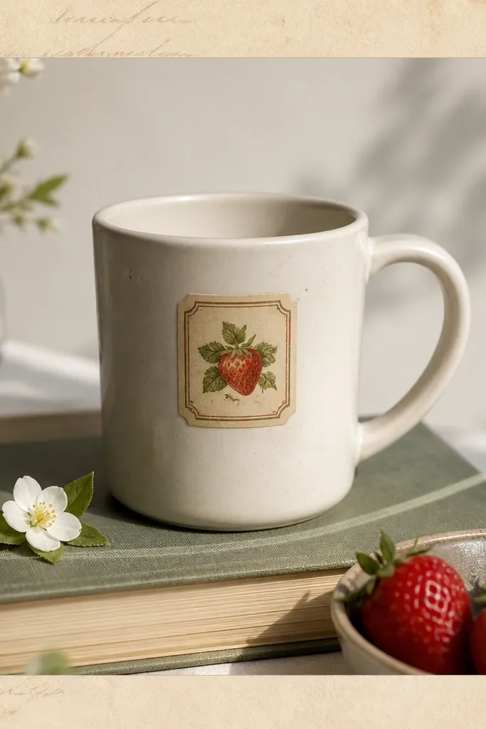 A mug with a small vintage-style strawberry jam label on the front, framed by a beige paper-like border, with faint cursive text lines.