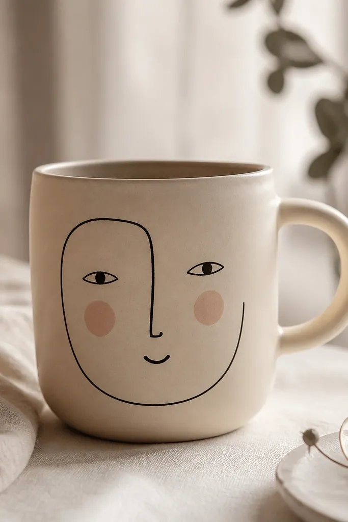 A beige mug with simple charcoal line art of a face on the front, minimal eyes and a small smile, with a soft blush circle on each cheek.
