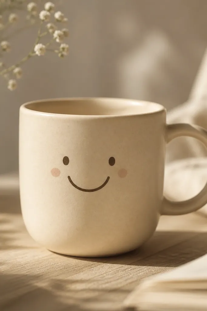 A beige mug with a simple hand-drawn face: two small eyes and a curved smile in darker brown. There's a tiny blush dot on each cheek.
