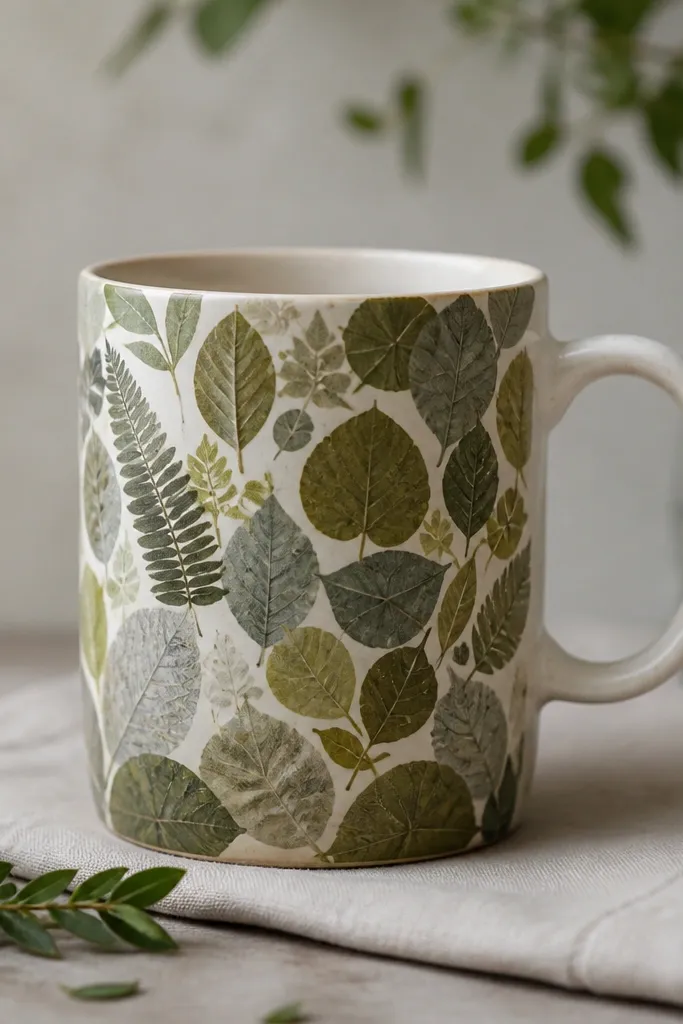 A mug covered in a collage of small leaf shapes in moss green, olive, and muted gray. Leaves overlap like a pressed herb book page.