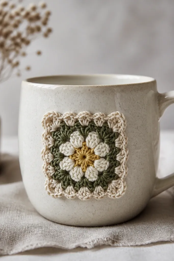 A mug with a single small crochet granny square stitched or glued to the front, in cream, mustard, and muted green, with a scalloped edge around it.