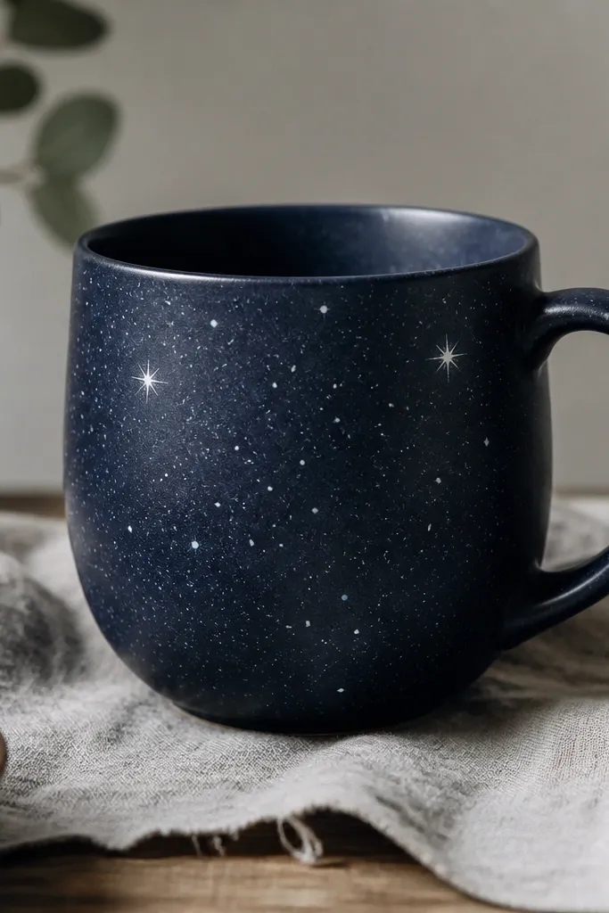 A dark navy mug with a matte speckled finish. Tiny white and pale blue star dots are scattered, with a few larger stars near the top.