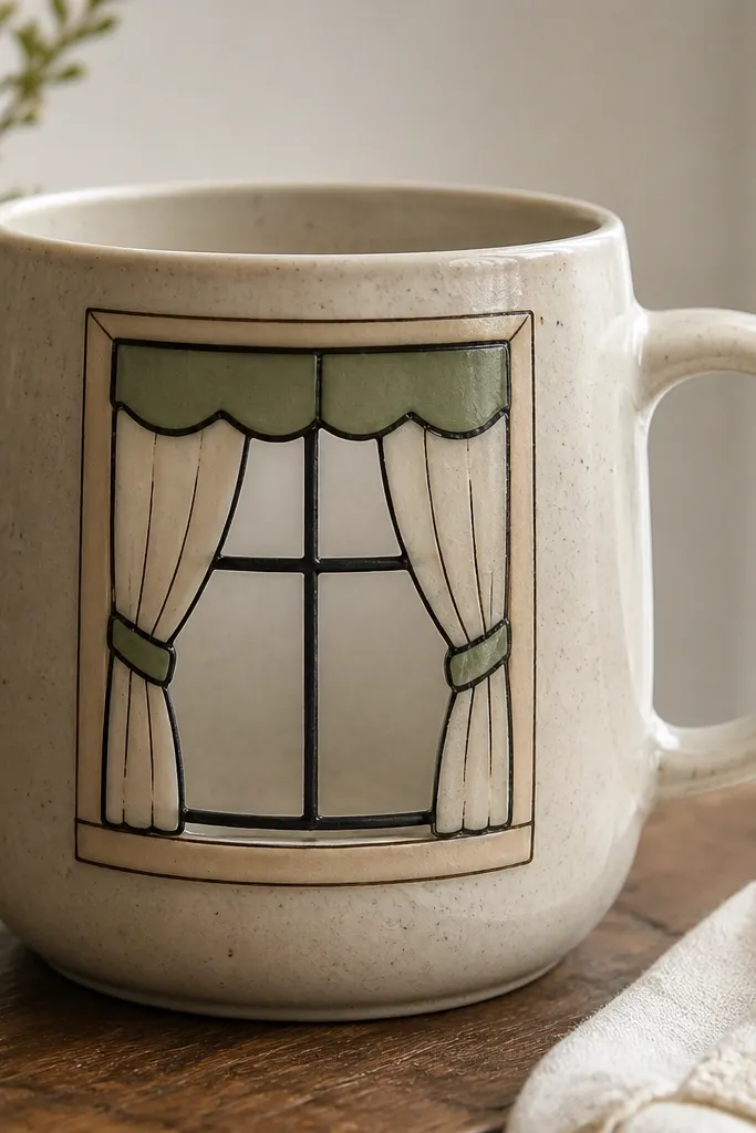A mug with a faux window scene: tiny curtain shapes in muted cream and sage made from shrink film, outlined with black lines, framed like a window.