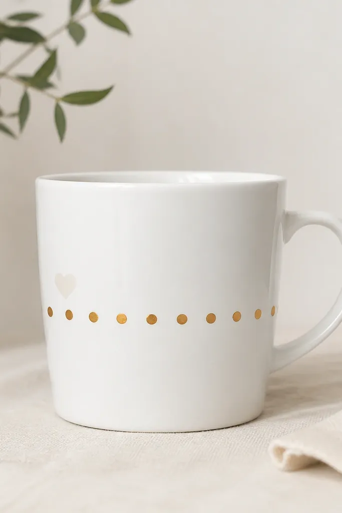 A white mug with a neat gold foil dot border circling the middle, each dot evenly spaced, with a small off-white heart near the left side.