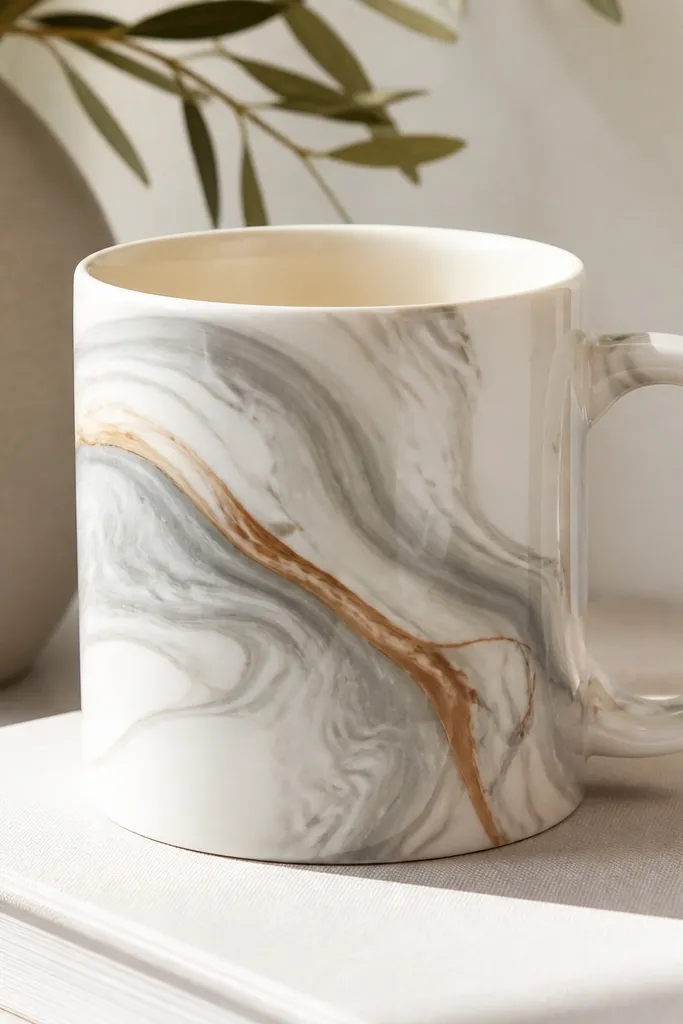 A mug with a marbled pattern: creamy white base with swirls of gray and a thin ribbon of warm tan. The finish looks smooth and glossy.