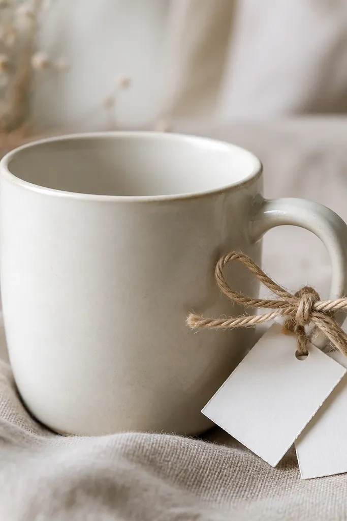 A plain mug with a small bow made from tan twine tied around the handle area. Two tiny white paper labels sit beside the bow with handwritten text in dark ink.