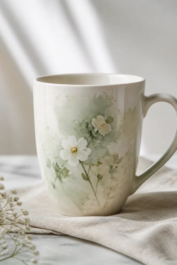 A pale mug with a soft watercolor wash in sage green and tiny loose flowers, with petals fading at the edges like a watercolor painting.