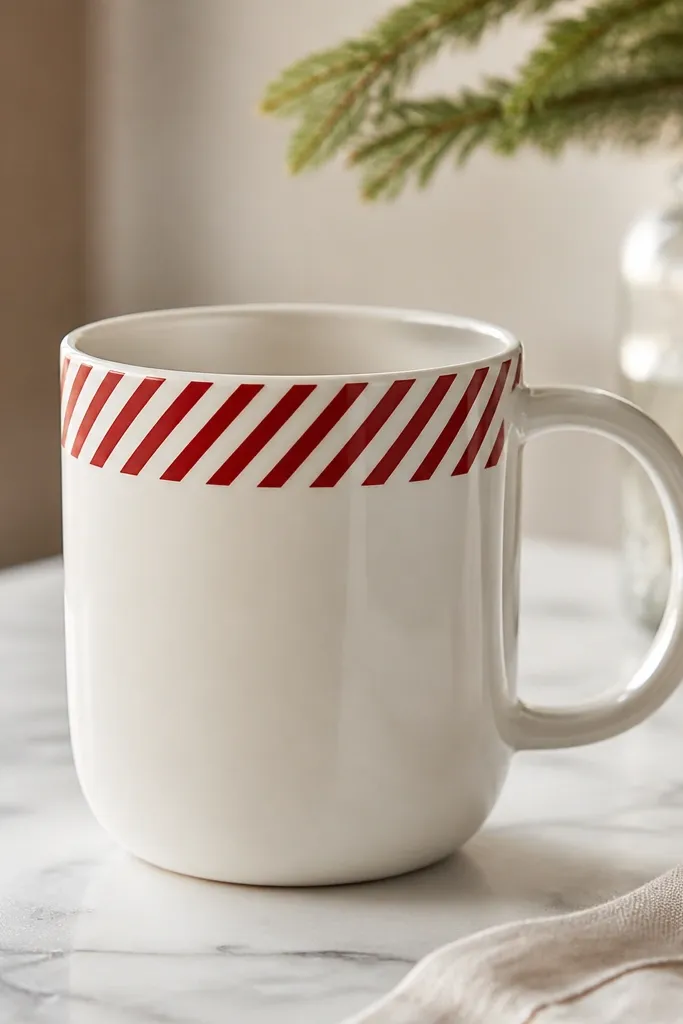 A mug with thin diagonal candy stripes around the top rim area in cream and red. The stripes look crisp and even.
