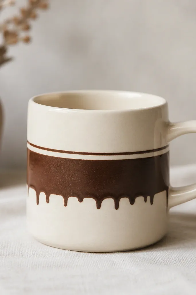 A cream mug with a thick chocolate-brown stripe around the midsection, topped by a thin line, and short drips painted downward like melted chocolate.