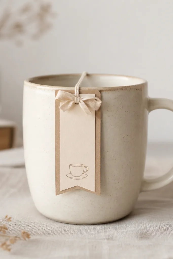 A mug with a vertical bookmark-style tag on the front, cream and tan with a small line drawing of a cup and a tiny bow at the top.