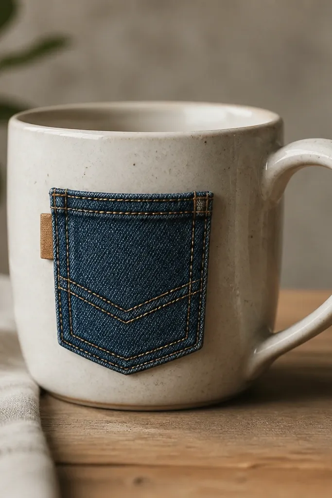 A mug with a small denim pocket sewn onto the outside. The pocket is stitched with visible thread and holds a tiny tag, like a miniature jeans detail.