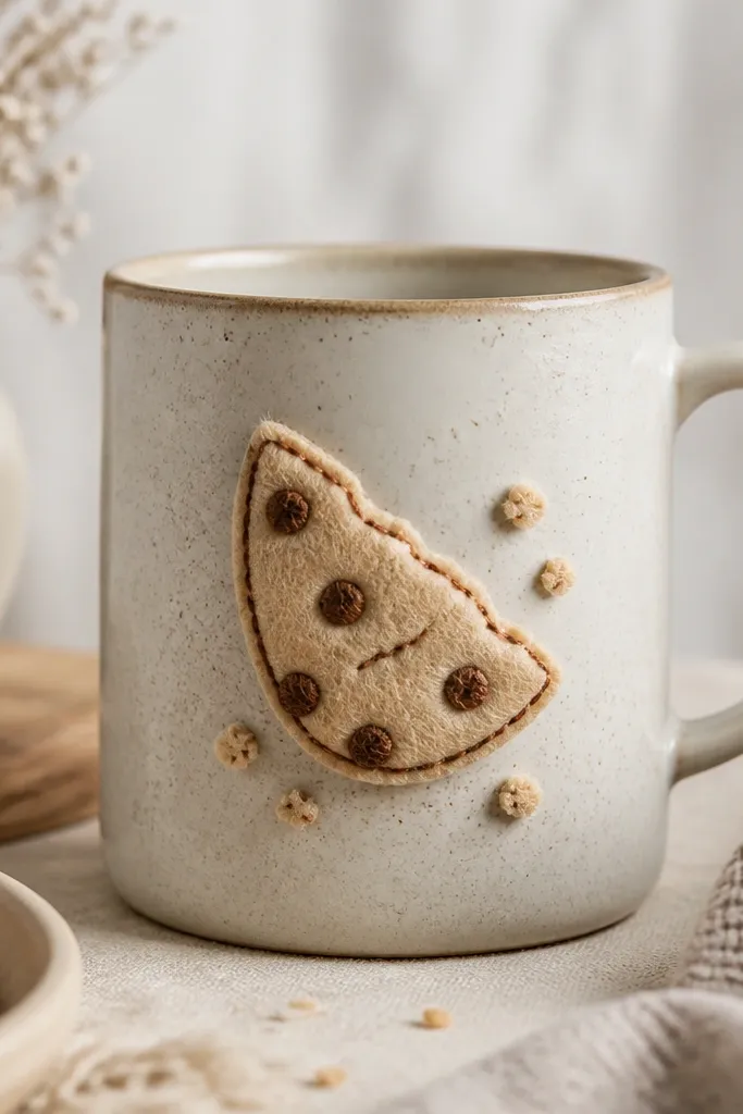 A mug with a felt patch shaped like a cookie slice, beige felt with brown stitched lines, attached to the front, with tiny felt crumbs around it.