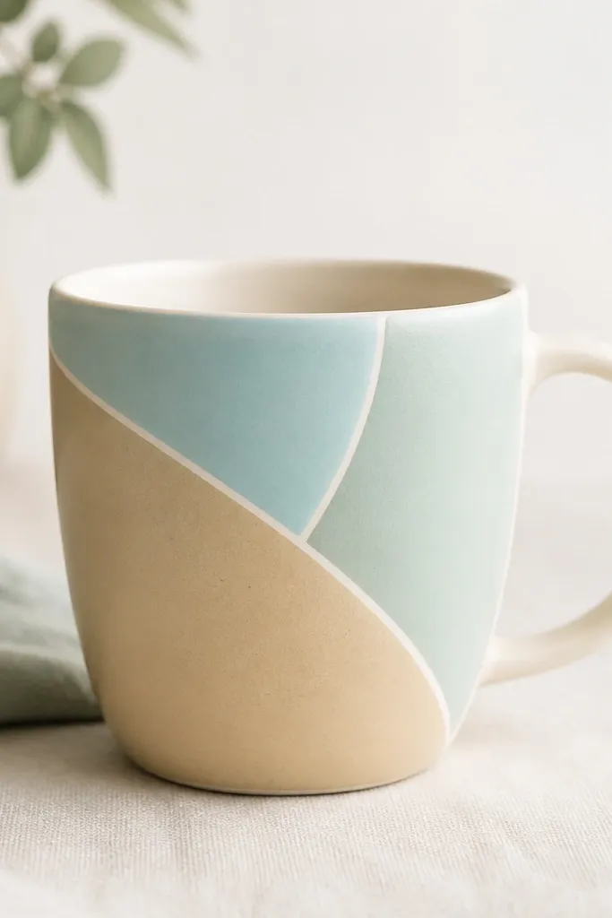 A mug painted with three block shapes: pale aqua, seafoam green, and soft sand. The blocks are separated by thin white lines, like stained glass.