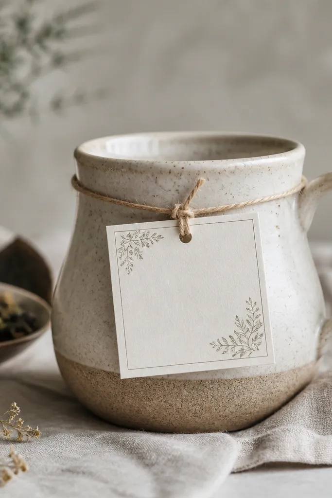 A mug with a string tied around the neck of the mug, holding a small label card that reads like a tea blend, with tiny sprigs drawn in the corners.