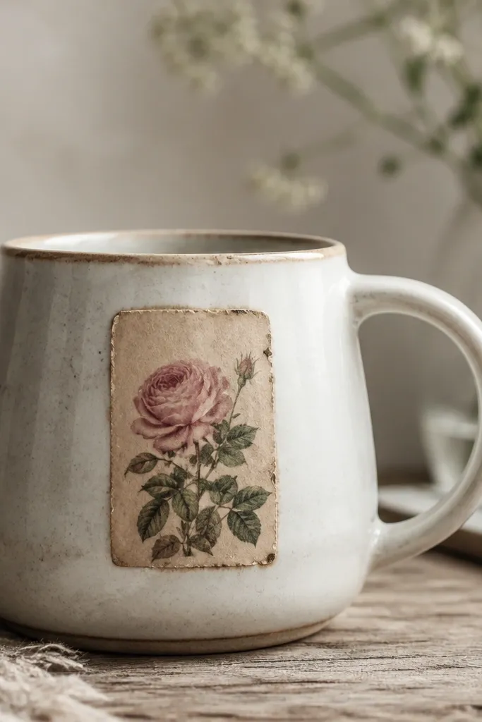 A mug with a small rectangular decoupage panel that looks like a vintage tea bag label. The panel sits near the handle, with slightly worn edges.