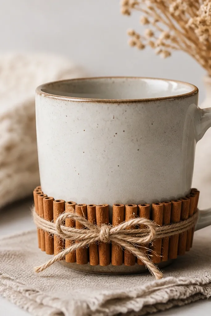 A mug with a decorative border made from small pieces of cinnamon-colored craft sticks or faux cinnamon sticks tied around with twine. The border sits near the lower third.