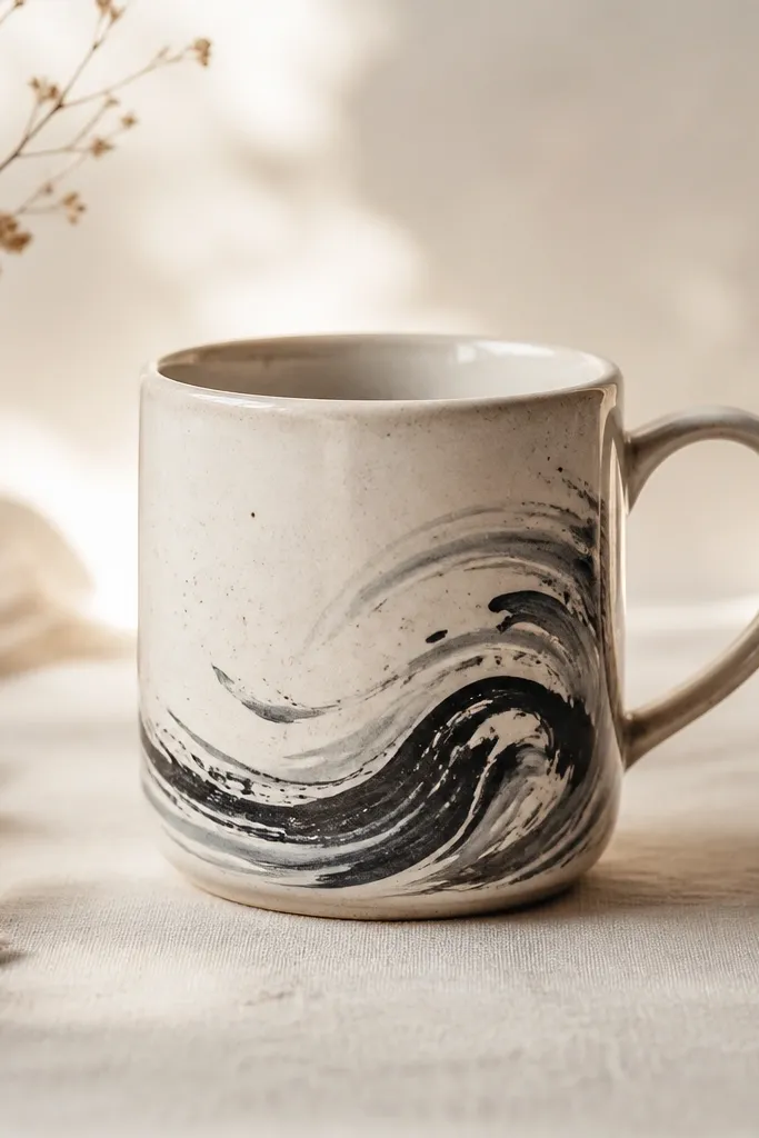 A light ceramic mug with flowing black wave strokes across the front, surrounded by a pale cream wash that fades into the background.