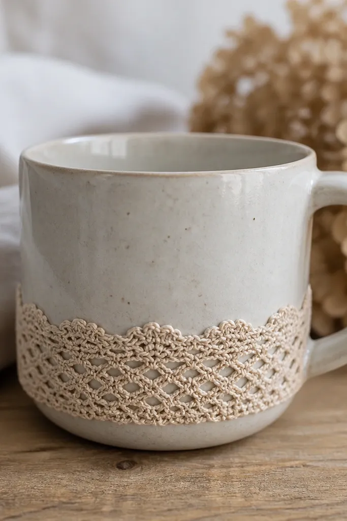 A mug wrapped with a band of beige crochet lace. The lace has scalloped edges and sits just above the bottom curve of the mug.