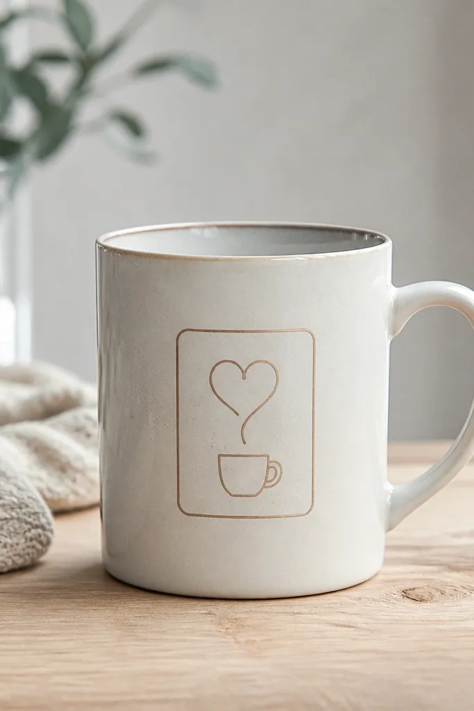 A mug with a simple heart-shaped steam icon above a small cup line drawing, all inside a thin rounded rectangle frame.