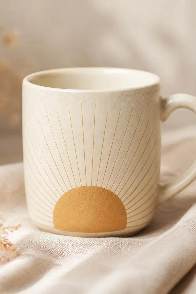 A mug with an ocher half-moon shape on the lower front, radiating thin lines outward like a sunrise, with a soft cream background.