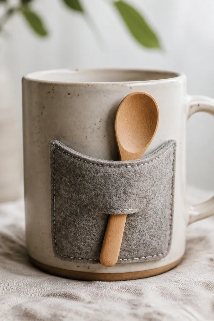 A mug with a felt pocket sewn on the outside. The pocket holds a small wooden spoon resting against the mug, like a built-in spoon rest.