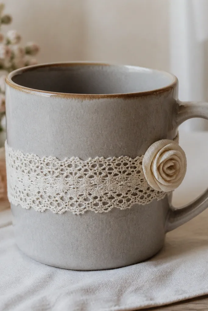 A mug wrapped with a cream lace trim band around the middle, with the lace ends hidden under a tiny fabric rosette on one side.