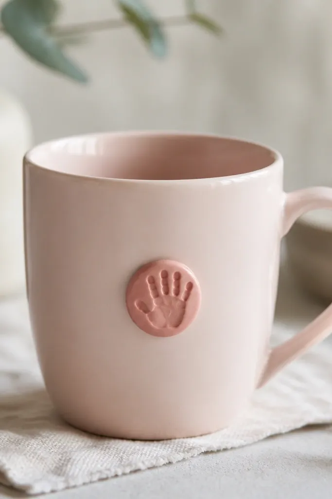 A pale pink mug with a small rose-colored clay handprint stamp on the front. The handprint is about the size of a quarter and has raised texture.