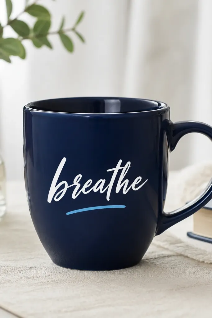An ink blue mug with a white script word in brush lettering on the front, crisp and clean. There's a small underline in lighter blue.