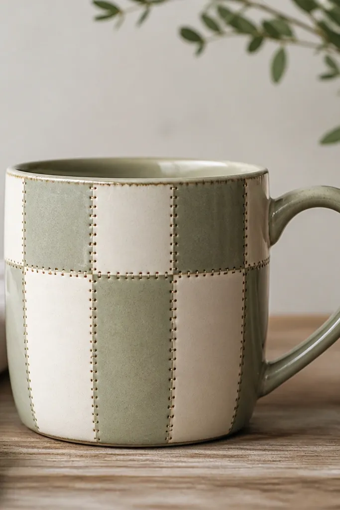 A mug with patchwork-style strips across the front, alternating sage green and cream with stitched lines between rectangles.
