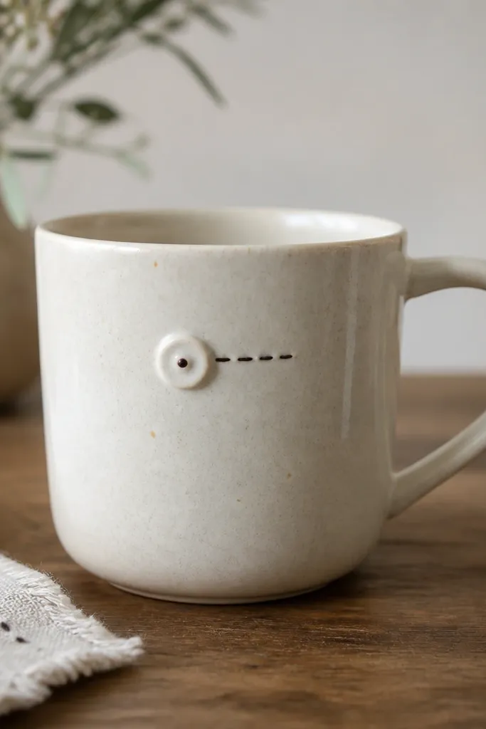 A mug with a small raised ceramic button on the front, painted cream with a tiny dark dot, with a short stitched-look line beside it.