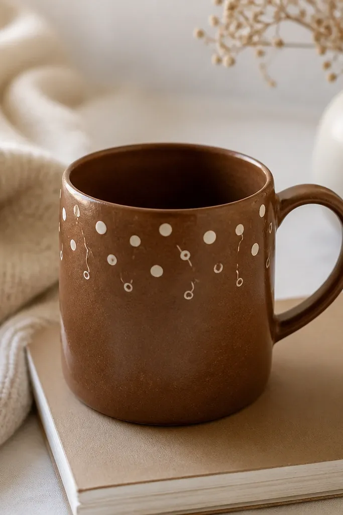 A cocoa brown mug with small raised white dots and tiny off-white squiggles near the top half, like marshmallow sprinkles floating in cocoa.