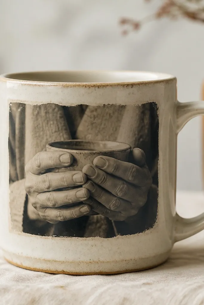 A mug with a monochrome photo transfer panel - a close-up of hands holding a cup, in black and gray. The edges look slightly aged like a photo print transfer.