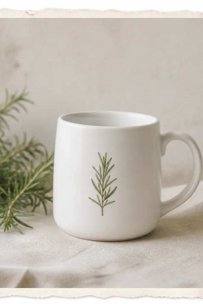 A white mug with a small rosemary sprig illustration on the front, framed by a thin paper-like border with torn-edge effect.