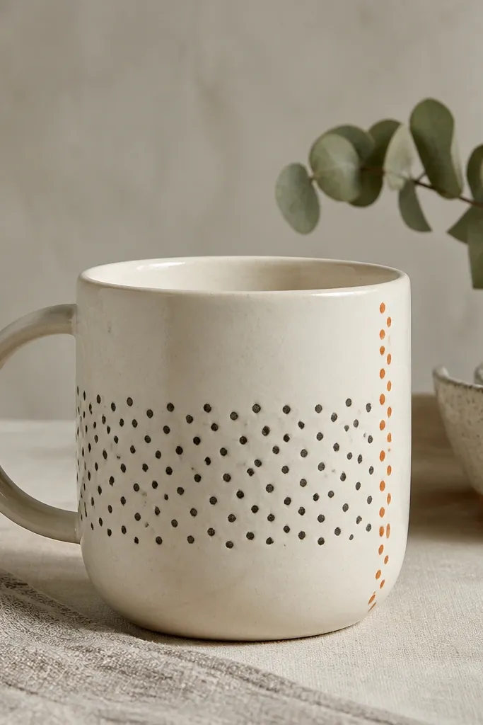 A cream mug with lots of small charcoal dots scattered in a band, plus one vertical stripe of terracotta dots on the right side.