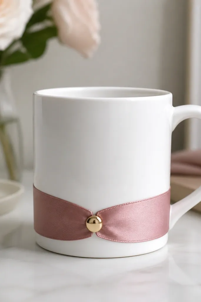 A mug with a satin ribbon band in dusty rose around the lower third. A tiny gold button is centered on the front where the ribbon overlaps.