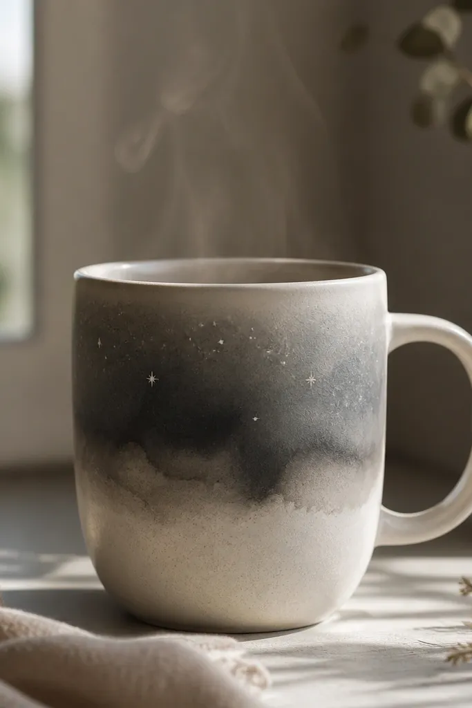 A mug with a soft charcoal wash across the middle and a few tiny off-white star dots above it, like a night sky over coffee steam.