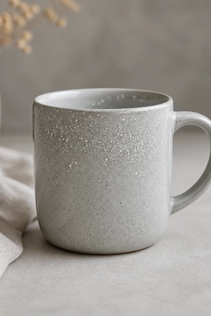 A light gray mug with a glaze-style speckle pattern. There are small white paint splashes concentrated near the top half, with fewer dots near the bottom.