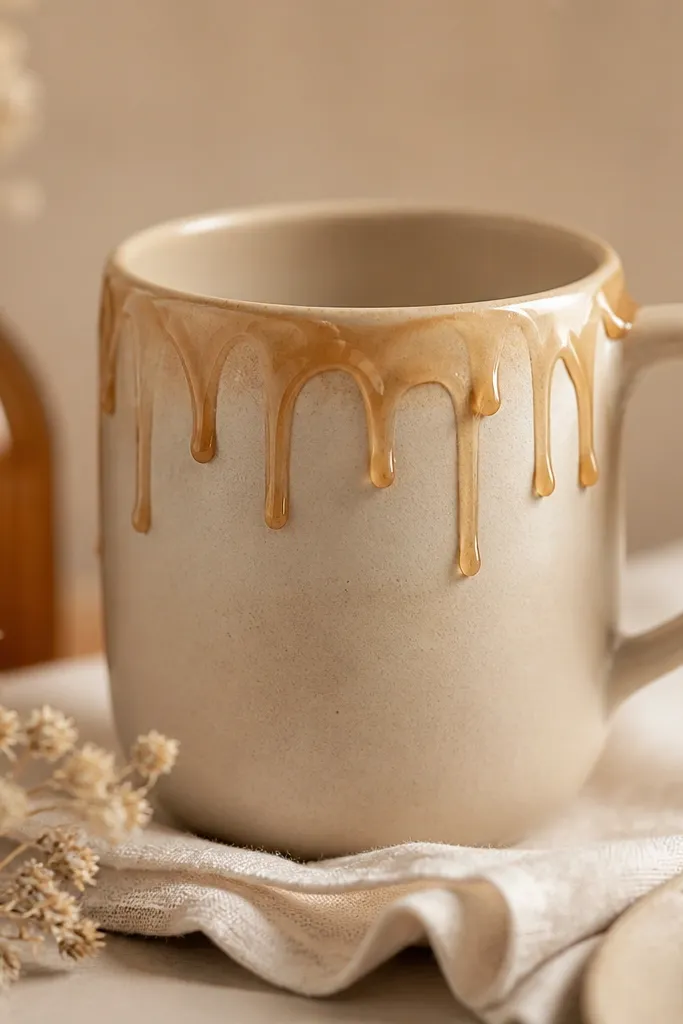 A beige mug with faux candle wax drips near the top edge. The drips look creamy and slightly transparent in warm caramel tones.