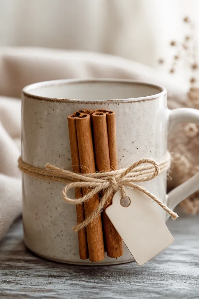 A mug with three cinnamon sticks tied around the middle with twine, with a small cream tag tied to the twine.