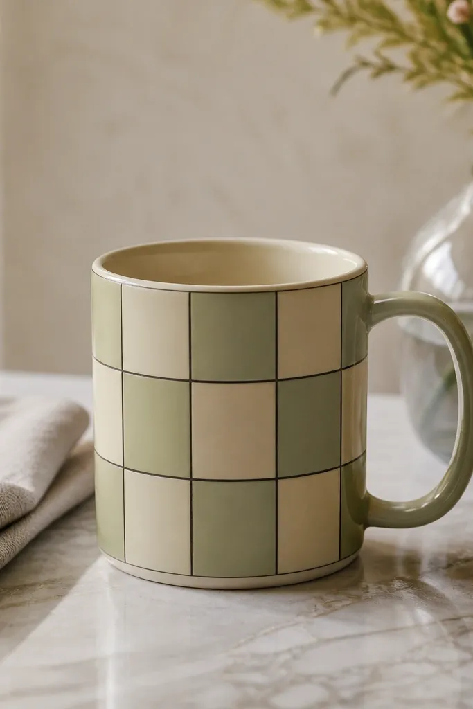 A mug with a faux tile pattern: alternating pale cream and light sage squares with thin dark grout lines, like a small bathroom tile panel.