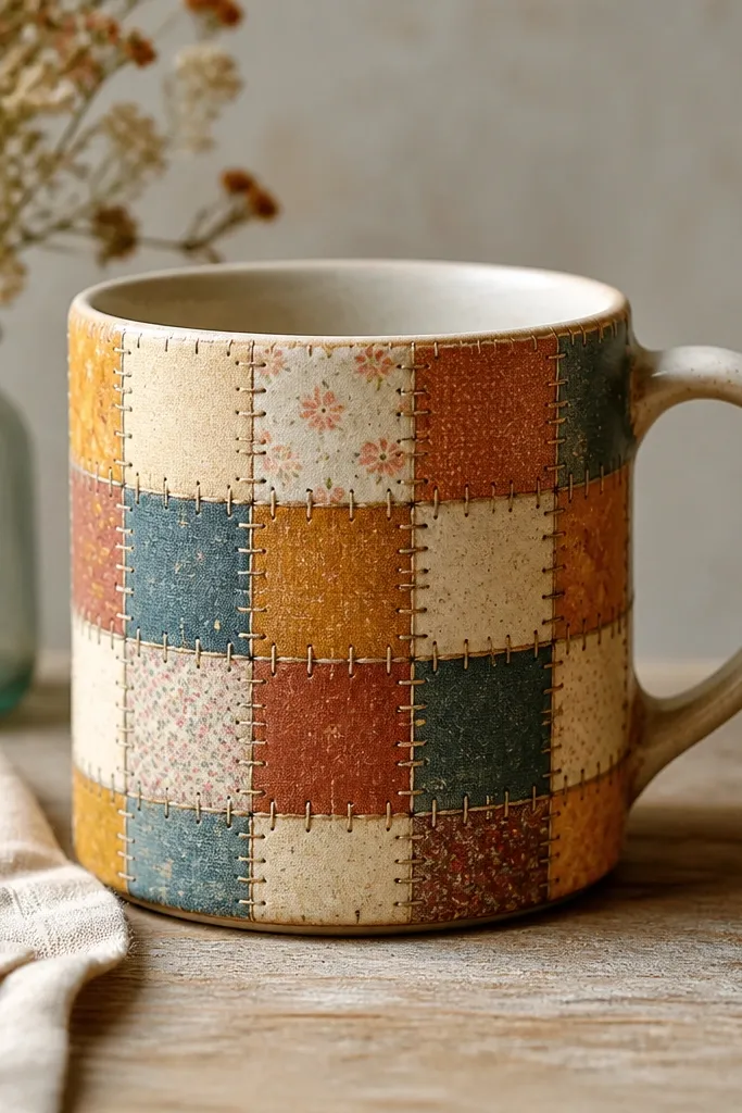 A mug covered with small patchwork squares in cream, rust, teal, and mustard. Each square has a stitched edge look, like a mini quilt panel.