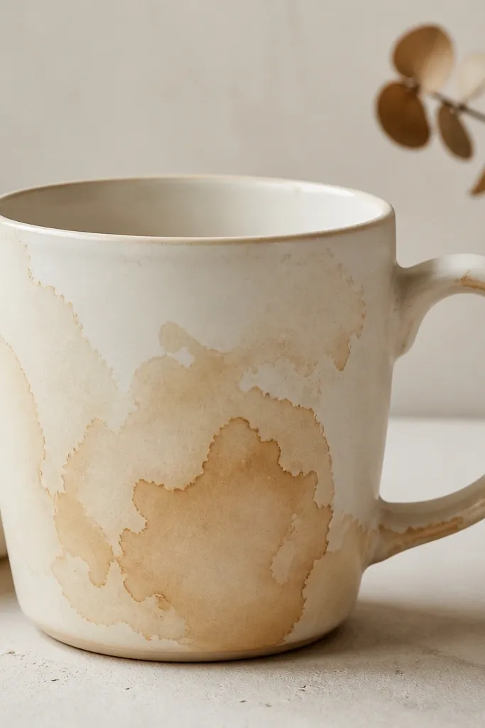 A mug with a watercolor-style coffee stain effect: light tan stains spreading irregularly on a cream background. The edges are soft and slightly darker in the center.