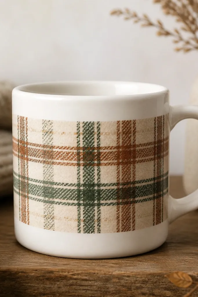 A white mug with a warm plaid band around the middle: terracotta, oat, and deep green lines intersect, with slightly brushed edges like fabric.