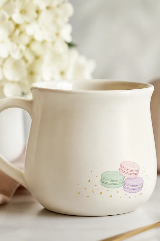 A cream mug with three tiny macarons drawn in pastel colors on the lower right corner, with a small gold dot sprinkle cluster.