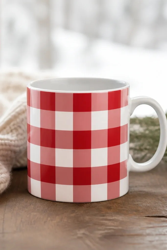 A mug with a red buffalo check pattern made from crisp vinyl squares and lines. The grid looks sharp and evenly spaced.