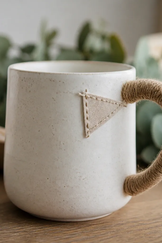 A mug with a natural jute rope wrapped around the handle, plus a tiny triangular fabric flag stitched onto the front near the handle.