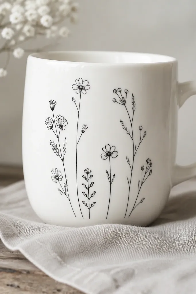 A white mug with delicate black ink line drawings of small flowers and stems. The flowers are scattered in a loose vertical arrangement near the front.
