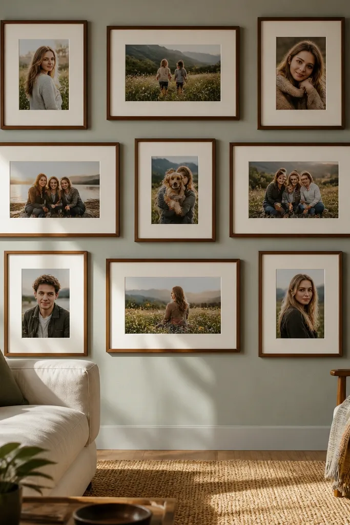 Six framed photos in warm wood with cream mats arranged in a neat grid