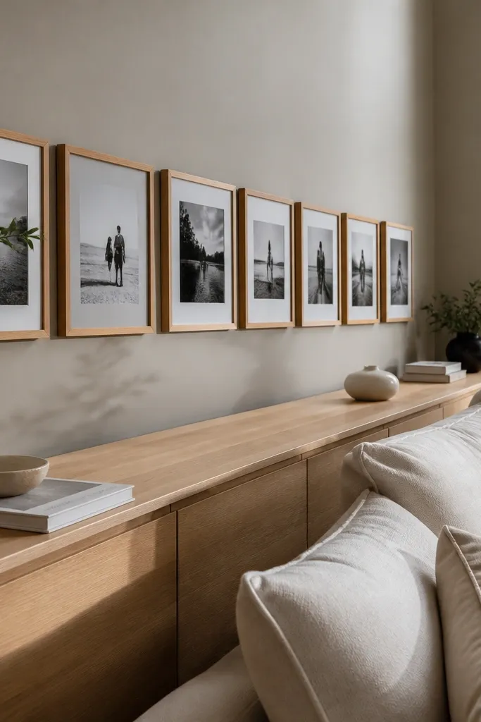 A horizontal strip of small frames aligned above a sofa