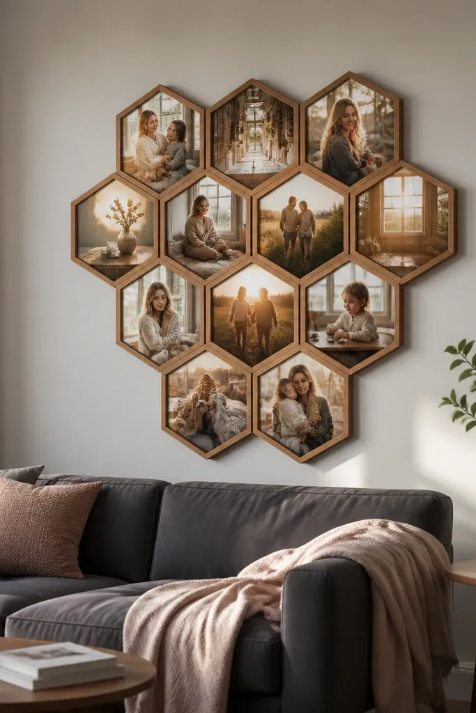Twelve photos arranged in a honeycomb-like hexagon pattern